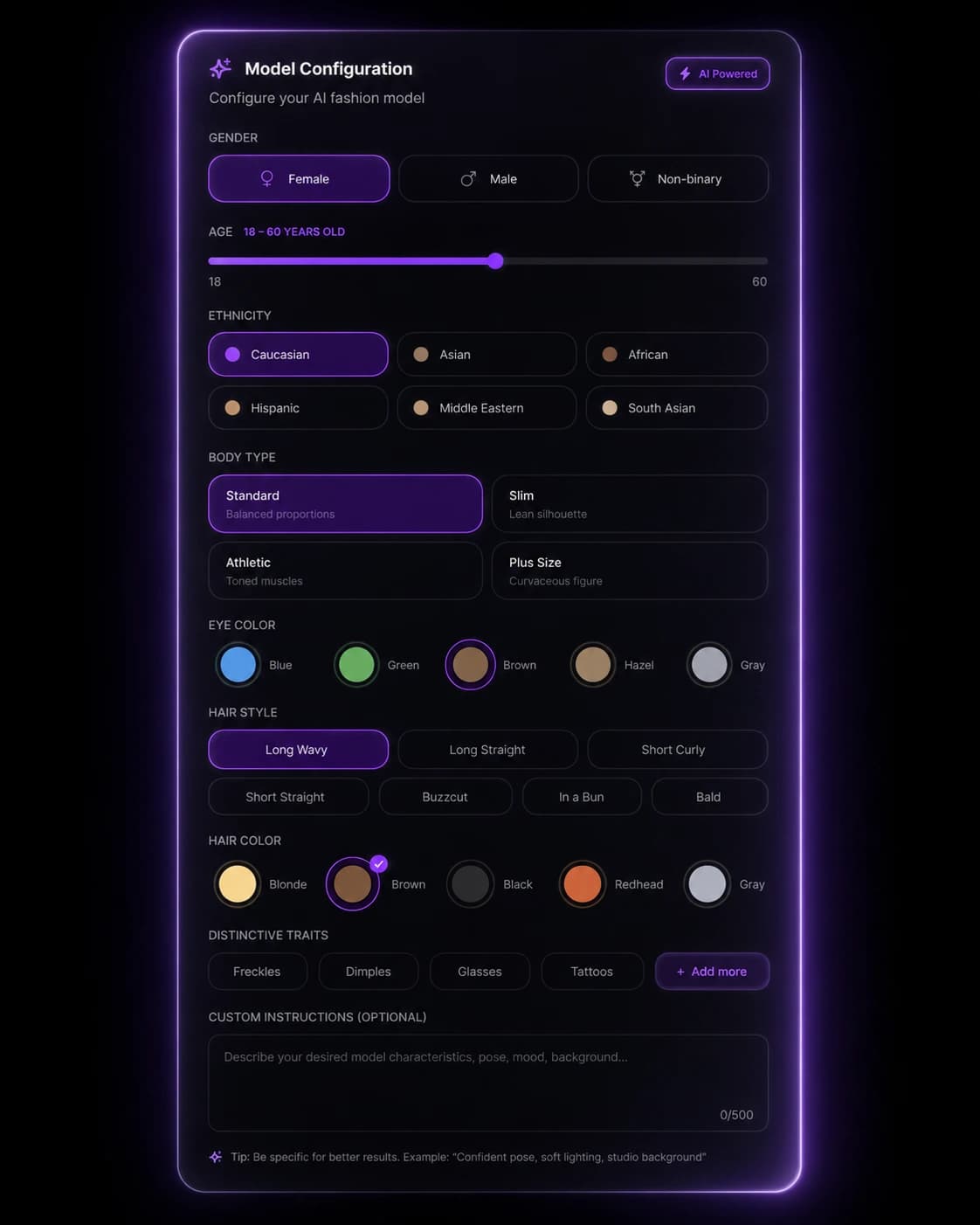 Model generator settings panel