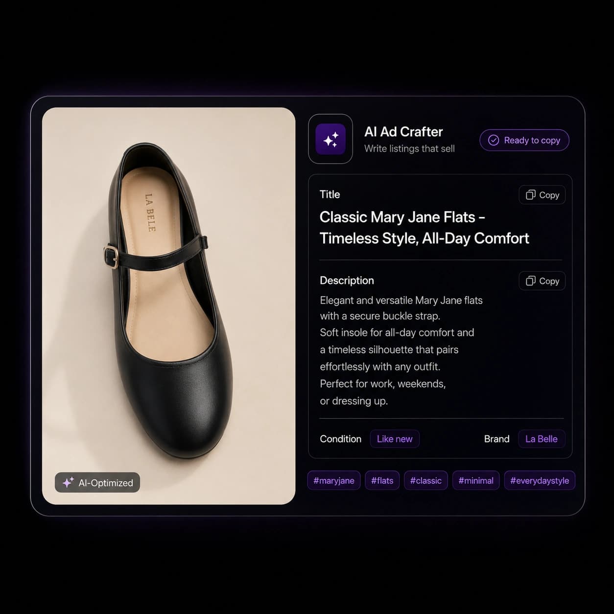 Ad Crafter — AI-generated marketplace listing with product photo and description